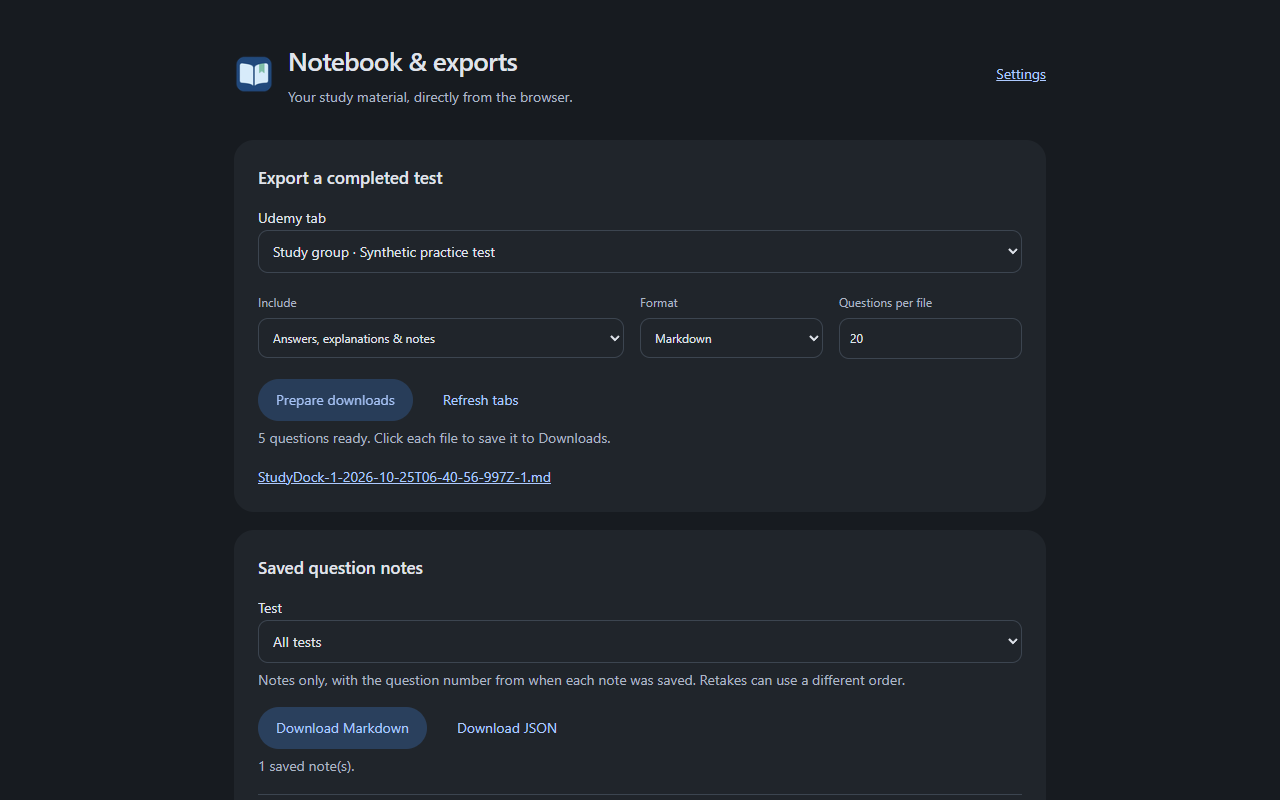 StudyDock browser notebook with test selection, Markdown or JSON output, question batch size and saved notes