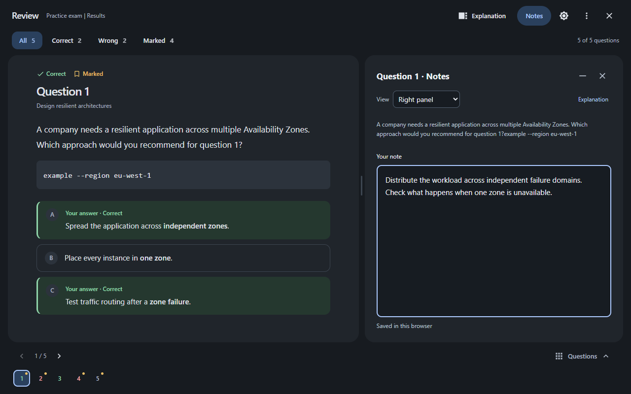 A question-specific notes panel open beside a practice question in StudyDock